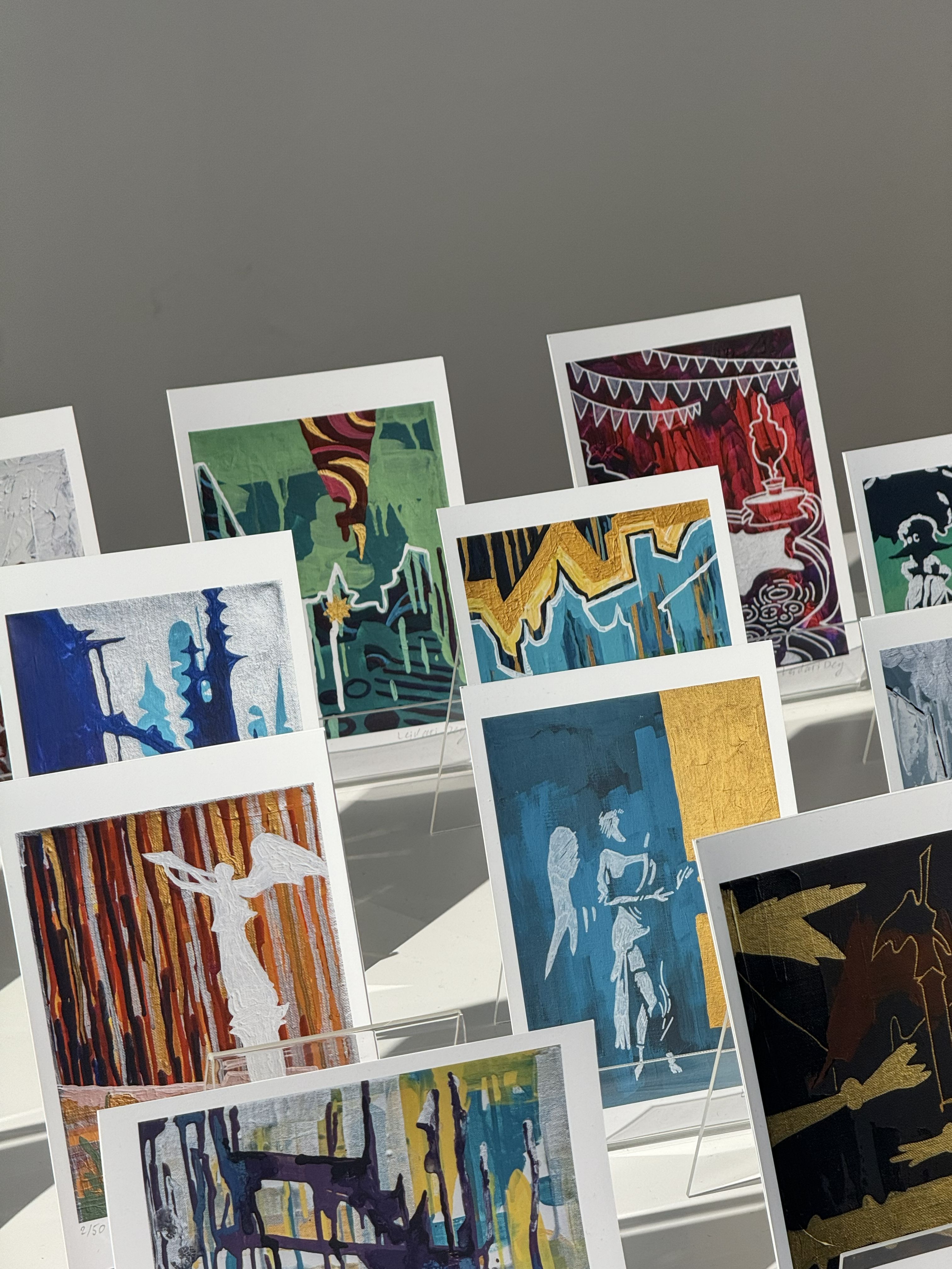 Art prints on a table