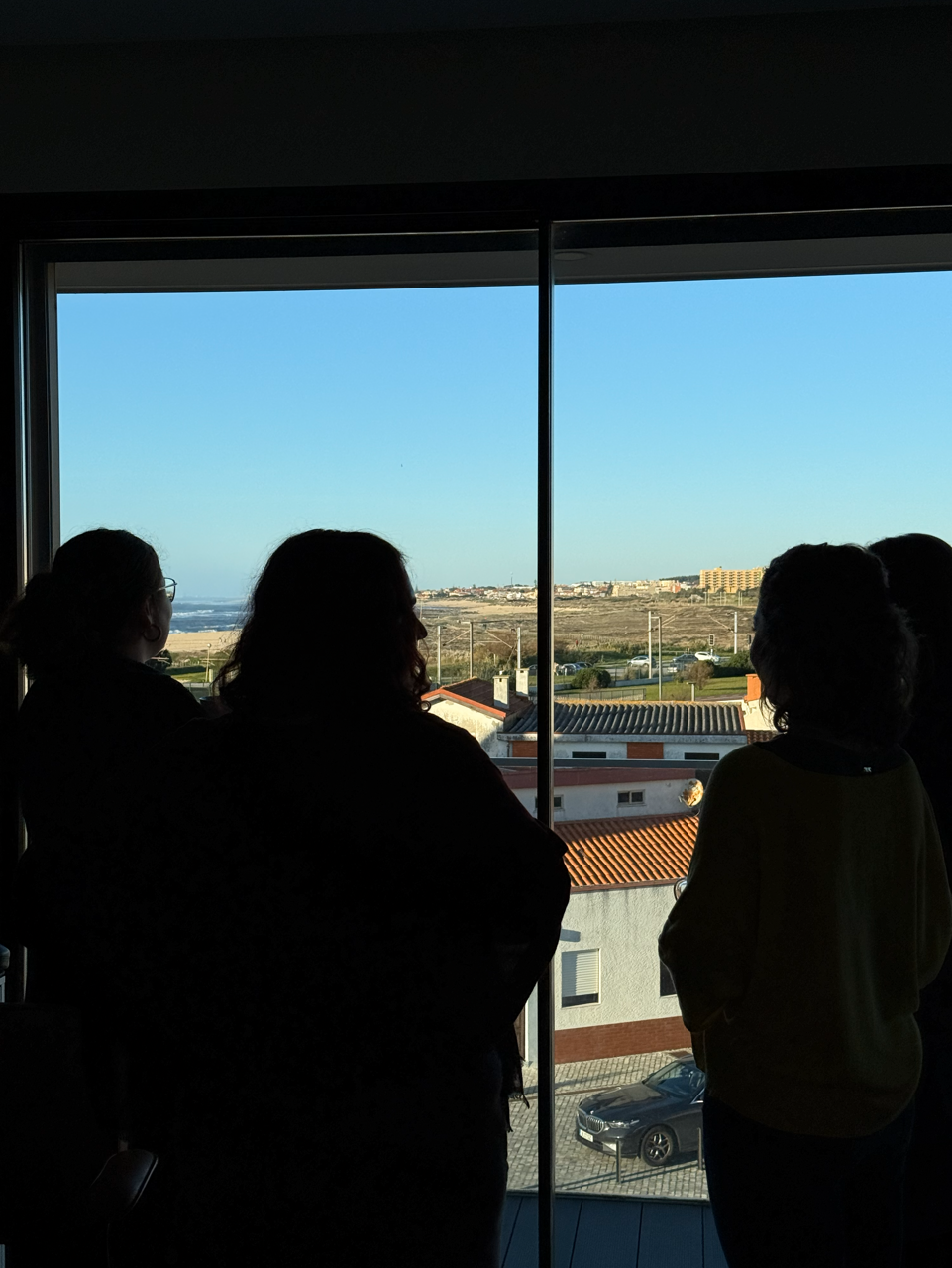 Silhouettes of four people near the floor-to-ceiling window looking at the landscape outside